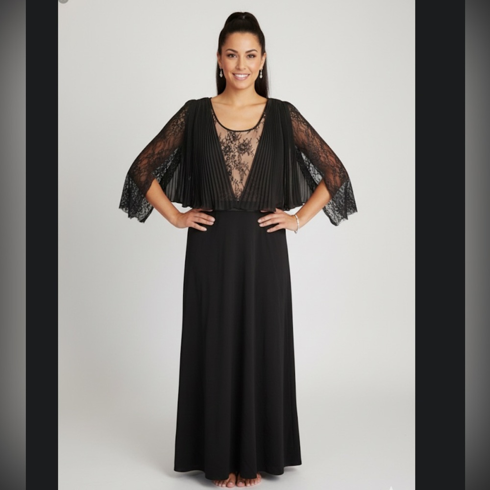 Liz Elana Embellished Mesh Accordion Sleeves Black Cocktail Evening Dress 14